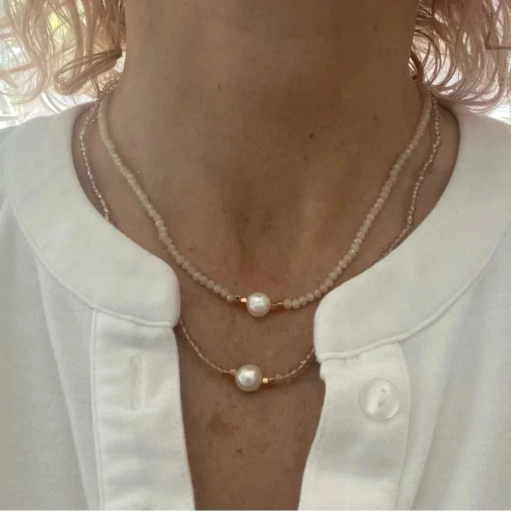 Handmade Iridescent Aqua Seed Bead Single Real Freshwater Pearl Necklace NEW